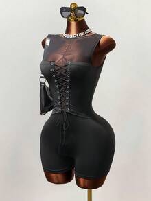 Mistrie 性感网纱拼接镂空系带无袖弹力针织连体裤 - 黑色 - 查看 4