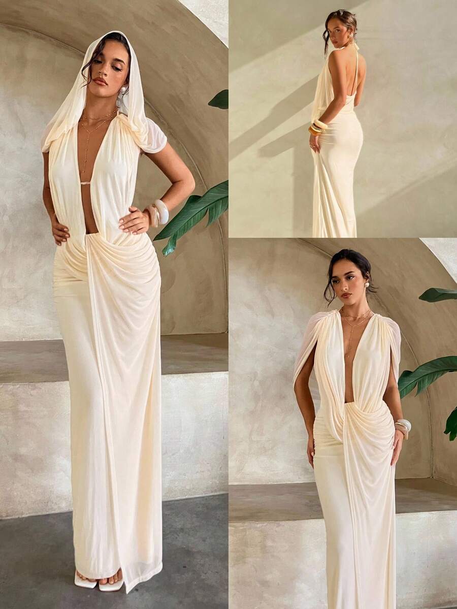 Aloruh Deep Draped Neck Sleeveless Apricot Mesh Knit Bodycon Dress, Wedding Style,Fall Wedding Guest Dress,Summer Dress,Maxi Dress,Weddings & Events,Wedding Party Dress,Festival Dresses