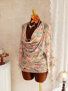 Swim SXY Nuevo conjunto de baño de 4 piezas para mujer, elegante y bohemio, con estilo Y2K y sexy, con estampado tropical y de leopardo. Incluye: top de bikini con escote halter y detalle de argolla dorada, cubierta de manga larga con cuello cowl de malla transpirable, falda mini fruncida con cordón y Bottom de bikini tipo cheeky. Ajuste estilizador, con vibra bohemia y de playa. Perfecto para vacaciones de verano, resort, fiestas en la piscina, festivales de música, bodas, vacaciones de primavera y escapadas tropicales. - Multicolor - Ver 6
