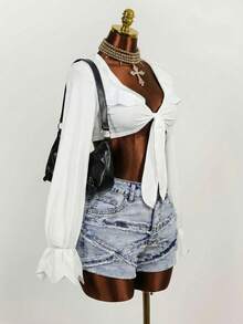 Mistrie Women's Casual Washed Frayed Hem Denim Shorts - Blue - View 4