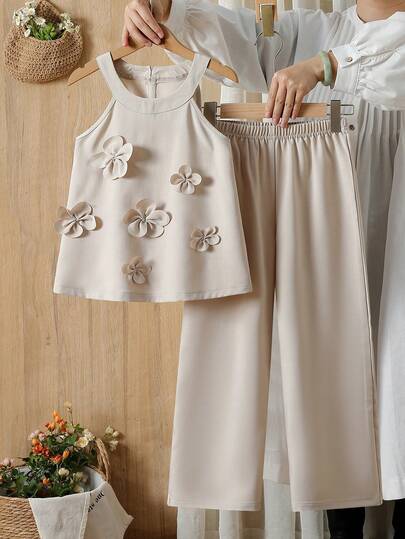 Vintaside Kids 2pcs/Set Girls 3D Floral Vest Top And Solid Color Pants, Suitable For Outdoor, Vacation And Summer Activities