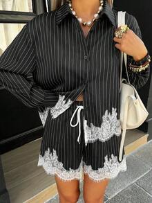 Siren Gaze Striped Short Shirt And Shorts Set, Lace Decorated Women 2 Pieces Set, Shorts Set, Shirt Set - Black - View 3