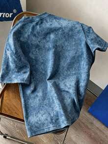 Manfinity Joysei 复古芝加哥字母印花做旧短袖T恤，男士款，适合夏季穿着，可作朋友礼物 - 藍色 - 查看 3