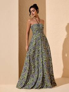 JIAN LASALA 热带印花隧道褶皱露背吊带露背女士夏季度假长裙 - 綠色 - 查看 3