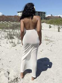 Alexandranx 女士度假/沙滩装，垂坠领口，闪亮材质，优雅性感，修身美人鱼下摆罩衫 - 杏色 - 查看 2