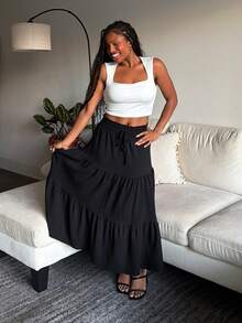 Tyla Gomez 纯色抽绳腰部荷叶边下摆半身裙，女士休闲结饰，荷叶边下摆，褶皱长款常规版型自然黑色纯色女式半身裙，春季/秋季，休闲日常穿着 - 黑色 - 查看 4