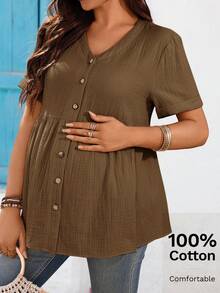 SHEIN Maternity Solid Color Minimalist Casual Short Sleeve Shirt - Coffee Brown - View 3