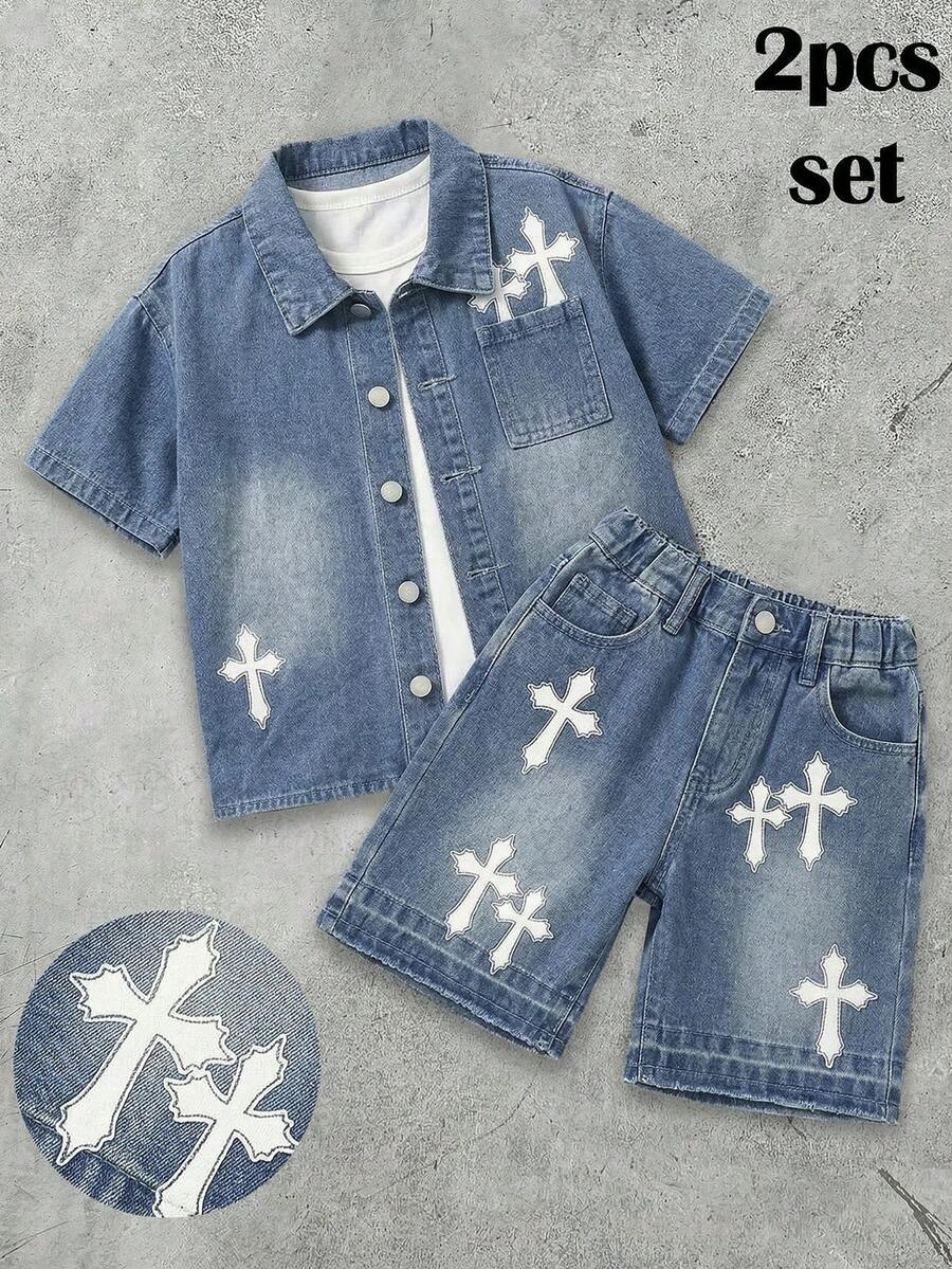 2pcs Young BoyCross Pattern Black Denim Shirt And Shorts Set - Medium Wash - View 1