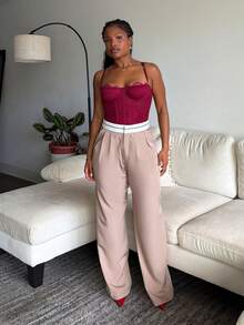 Tyla Gomez Traje informal con pantalones de pierna ancha de color contrastante con bolsillo para otoño/invierno - Caqui - Ver 5