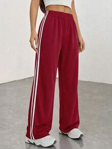 SHEIN PETITE Quần dài nữ kiểu dáng thường ngày, kẻ sọc bên hông. - Gỗ đỏ - Xem 3