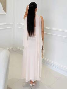 Milla Jasmine 2 件套女士粉色褶皱抹胸短款上衣和低腰褶皱抽绳长裙，海滩度假装，夏季波西米亚露背连衣裙，音乐节连衣裙，伴娘 2 件套 - 杏色 - 查看 2