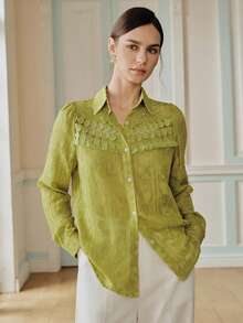 Anewsta Women's Autumn New Floral Lace Patchwork Chiffon Jacquard Blouse Teachers' Day Golf Pastal Sexy - Green - View 3