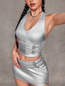 Jeanoix Y2K 女士金属孔眼系带 PU 涂层上衣 - 銀色 - 查看 7