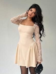 Aloruh Women's Square Neck Lace Patchwork Waist Ruched Flared Mini Dress - Apricot - View 9