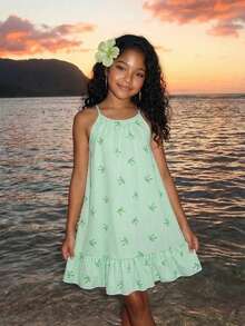 SHEIN Sparklyn Tween Girl Bow Striped Print Ruffle Hem Cami Dress - Green - View 4