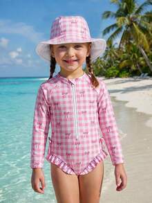 SHEIN Emery Rose Kids Bộ đồ bơi liền thân dài tay in hình bướm kẻ caro cho bé gái (kèm mũ), bộ đồ bơi cho bé gái, trang phục đi biển cho bé gái, bộ đồ bơi dài tay chống nắng cho bé gái thích hợp cho kỳ nghỉ, đồ bơi cổ tròn có khóa kéo mùa hè. - Hồng - Xem 4