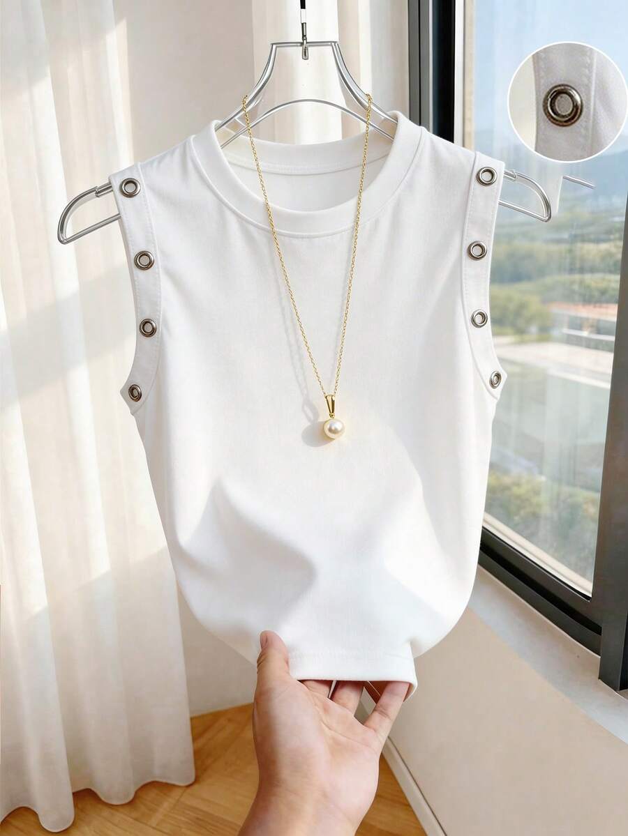 Franclia 女士休闲金属装饰无袖圆领背心，春夏款 - 白色 - 查看 1