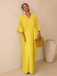 Vesra Women's Solid Color Batwing Sleeve Casual Dress - Yellow - View 3