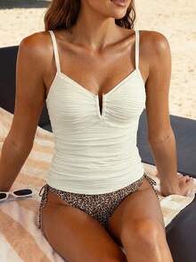 Swim Lushoire Bộ đồ bơi Tankini hai mảnh dành cho nữ trưởng thành, chất liệu vải dệt họa tiết da báo, kiểu dáng thời trang đi biển mùa xuân/hè, quần bikini họa tiết da báo, bộ đồ bơi hai mảnh họa tiết động vật, áo tankini nhún bèo, bikini buộc dây bên hông. - Nhiều màu - Xem 3