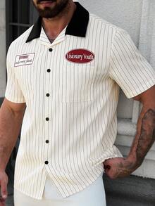 EGENSIO Men's Casual Beige Letter Print Striped Short Sleeve Shirt - Apricot - View 5