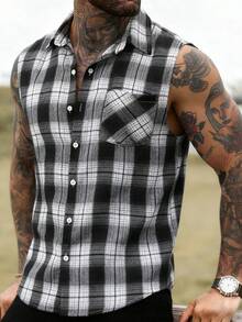 Manfinity CasualCool Men's Casual Plaid Front Button Sleeveless Shirt, Summer - Multicolor - View 3