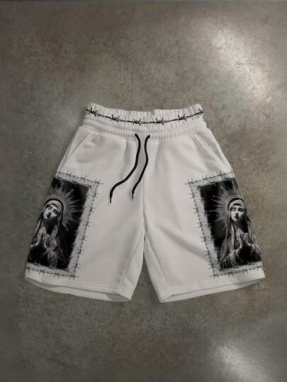Manfinity ZONE917 Luźne, jasnobeżowe, błyszczące, dwuwarstwowe szorty z motywem modlitwy Matki Boskiej, idealne na wiosnę/lato, prezent dla przyjaciół