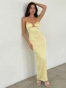 Aloruh Vestido elegante y romántico para cita/boda, vestido de satén sin espalda de color amarillo gris sólido con parches de encaje, amarillo crema - amarillo ganso - Ver 12