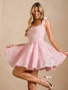 Enchnt 女士露肩打结荷叶边下摆优雅连衣裙 - 粉色 - 查看 3