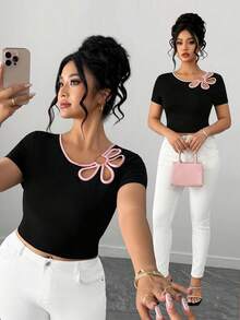 Elenzga Plus Size Elegant Contrast Trim Hollow Out Round Neck Short Sleeve Fitted T-Shirt, Summer - Black - View 1