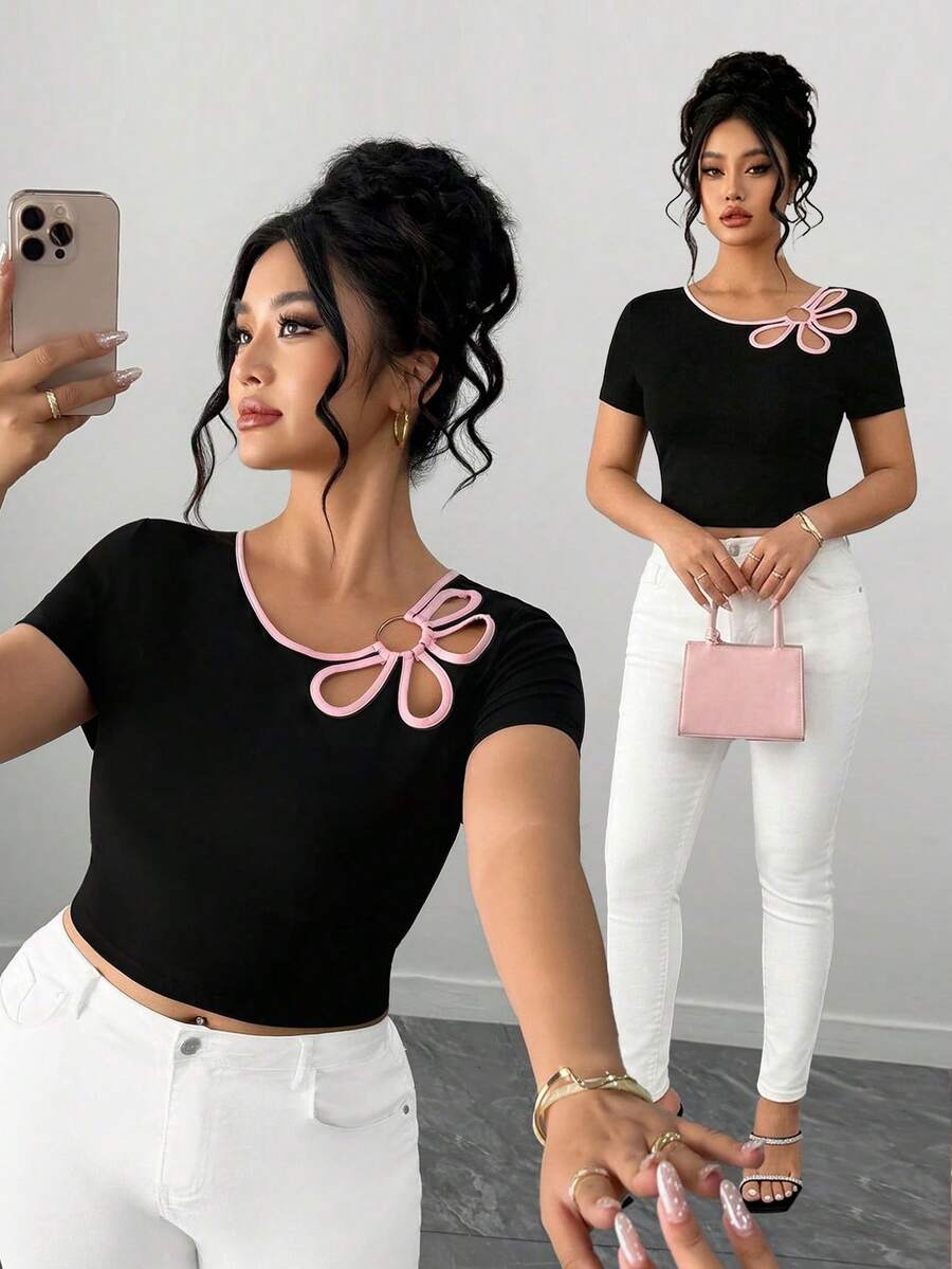 Elenzga Plus Size Elegant Contrast Trim Hollow Out Round Neck Short Sleeve Fitted T-Shirt, Summer - Black - View 1