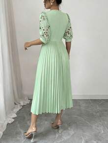 Rafferiza Đầm midi xếp ly màu trơn thanh lịch dành cho nữ, thích hợp dự tiệc. - Xanh nhạt - Xem 2