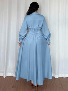 Rafferiza 女士翻领落肩长袖收腰A字长连衣裙，适合外出、度假、假日和旅行 - 淺色水洗藍 - 查看 2