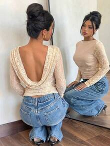 Siren Gaze Áo dài tay cổ chữ V sâu cho nữ, trang phục thường ngày, áo hở lưng cho nữ, áo dài tay xuyên thấu cho nữ, áo hở lưng cho nữ. - Màu be - Xem 5