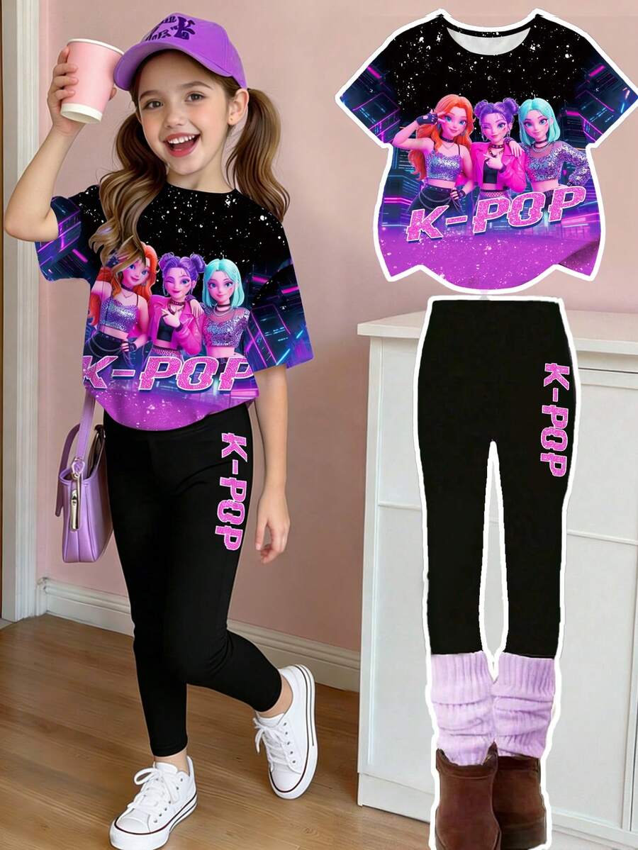 New SS26 Fashion Tween Girl 2pcs Set, Casual Stylish Spring/Summer T-Shirt & Leggings Outfit, Cartoon Character Graphic Tee & Tight Black Pants, Lightweight & Comfortable, Fashionable Casual Suit - Multicolor - View 1