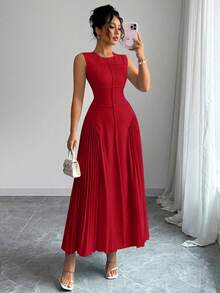 Rafferiza Vestido plisado de línea A sin mangas con cuello mao, diseño minimalista para mujer, primavera/verano - Rojo - Ver 4