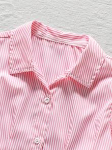 SHEIN Vintaside Kids 少女款柔软条纹前开襟短袖休闲衬衫，灯笼袖，腰部蝴蝶结褶裥A字廓形，适合通勤、度假休闲等场合，夏季穿着。 - 粉色 - 查看 3