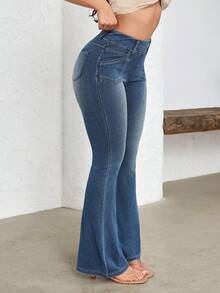 Flexra 女士高腰休闲百搭喇叭牛仔裤 - 藍色 - 查看 8