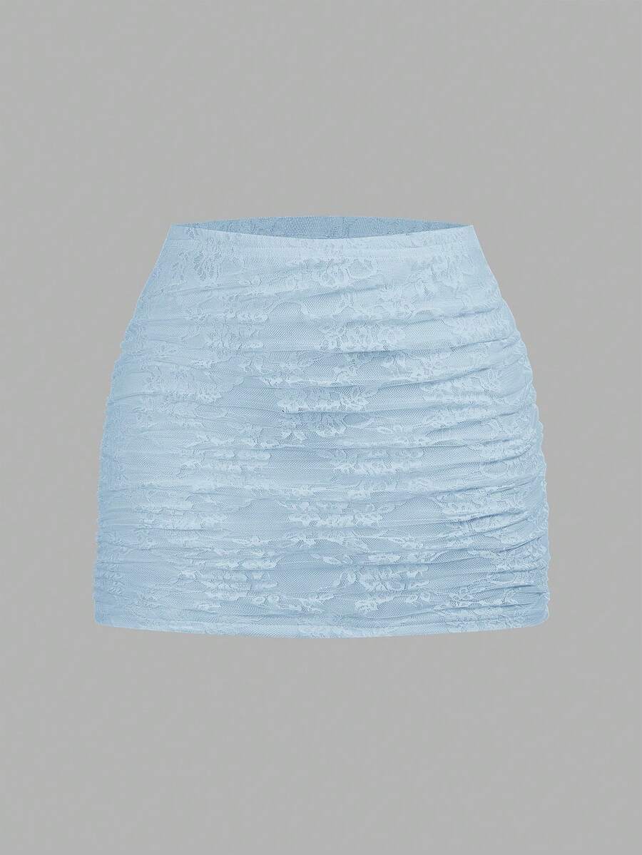 SHEIN EZwear 女士性感多层半透明白色花卉蕾丝修身长裙 浅蓝色裙子 女士蓝色裙子 婴儿蓝裙子 蕾丝裙 褶皱裙 派对裙 浅蓝色裙子 女士裙子 蕾丝迷你裙 - 淺藍色 - 查看 1