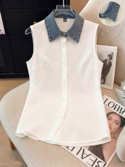 Franclia Áo sơ mi nữ không tay cổ bẻ phối màu, màu xanh denim, đa năng cho công sở và mặc hàng ngày.