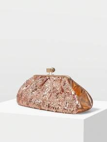 MOTF PREMIUM 时尚褶皱亮片夹式手拿包，精致派对晚宴包 - 金色 - 查看 2