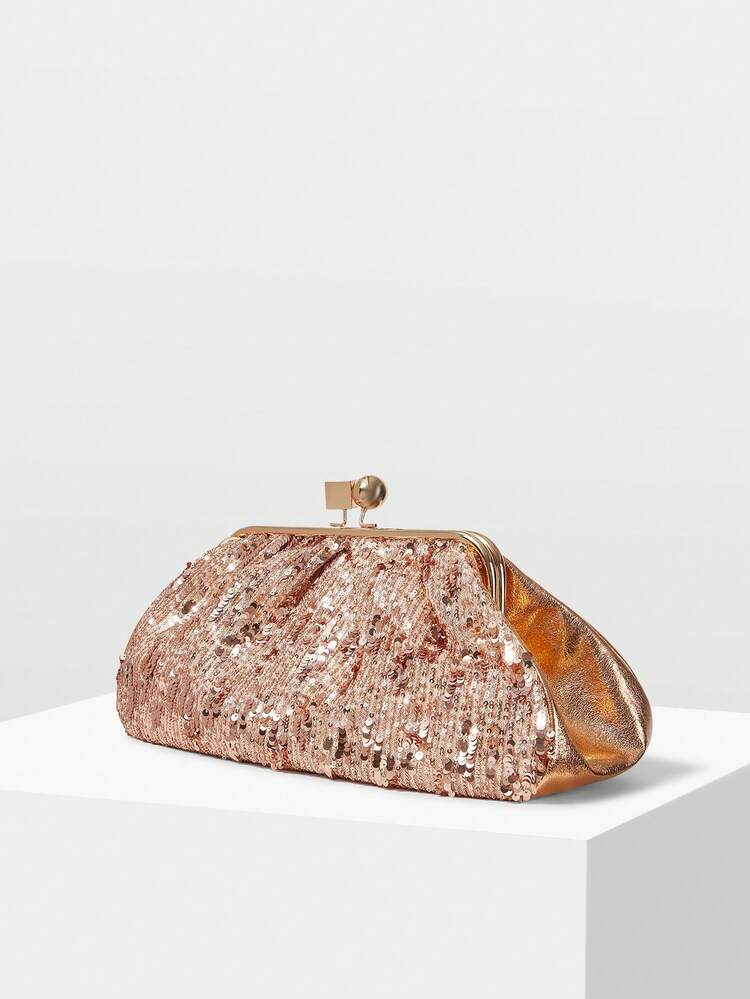 FASHION PLEATED SEQUINED CLIP CLUTCH BAG, EXQUISITE PARTY PARTY DINNER BAG