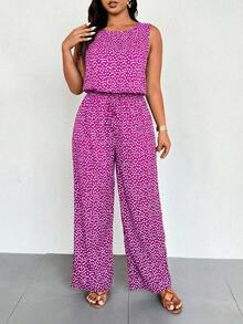 EMERY ROSE Spring Summer Holiday Round Neck Sleeveless Elasticated Waist Ditsy Floral Jumpsuit - Hot Pink - View 3