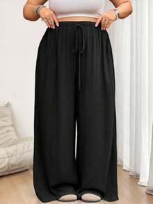 SHEIN CURVE+ Curve 尺码 US22 音乐节、海滨度假、波西米亚纯色休闲打结阔腿裤、阔腿亚麻裤、商务休闲女装 - 黑色 - 查看 6