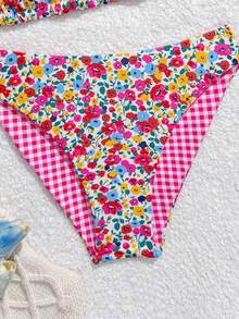 SHEIN Conjunto de traje de baño para niña preadolescente, con estampado floral diminuto y malla rosa reversible, adecuado para vacaciones en la playa, natación, fiesta en la piscina - Bikini de 2 piezas para niñas preadolescentes - Multicolor - Ver 6