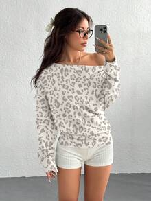 SHEIN EZwear 休闲简约水洗浅色春夏豹纹宽松露肩收腰女式卫衣，适合春夏穿着，运动季皆宜 - 彩色 - 查看 5