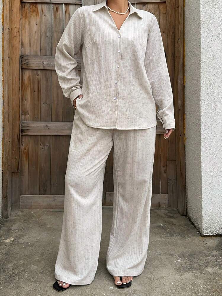 Dazy Plus Striped Casual Loose Long Sleeve Shirt Top And Long Pants 2-Piece Set, Vacation Style, Plus Size Women Spring/Autumn Summer Lounge Sets For Women