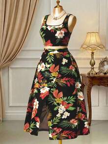 Rometta 大码复古、优雅、浪漫、度假风，黑色和彩色花卉印花露脐修身无袖上衣搭配高腰开衩长裙两件套，可拆分搭配，日常百搭，适合夏季、返校季、毕业典礼、假期、情人节、音乐节、母亲节、万圣节、感恩节、复活节、国庆节、圣诞节、晚会、约会、派对、郊游等场合。 - 彩色 - 查看 8