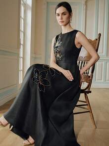 Anewsta Đầm hoa không tay thanh lịch dành cho nữ mùa hè, đính cườm và sequin. - màu đen - Xem 3