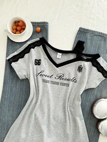 ChillGRL 1 chiếc áo thun kiểu dáng Sweet & American Style ôm sát, phối màu hoa văn tương phản, viền ren, thích hợp cho mùa hè. - Xám - Xem 6