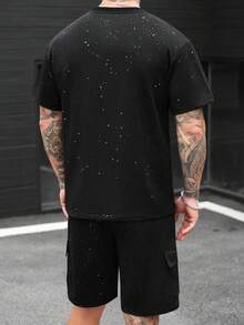 SLATEMANN 男士休闲T恤短裤套装，夏季 - 黑色 - 查看 2